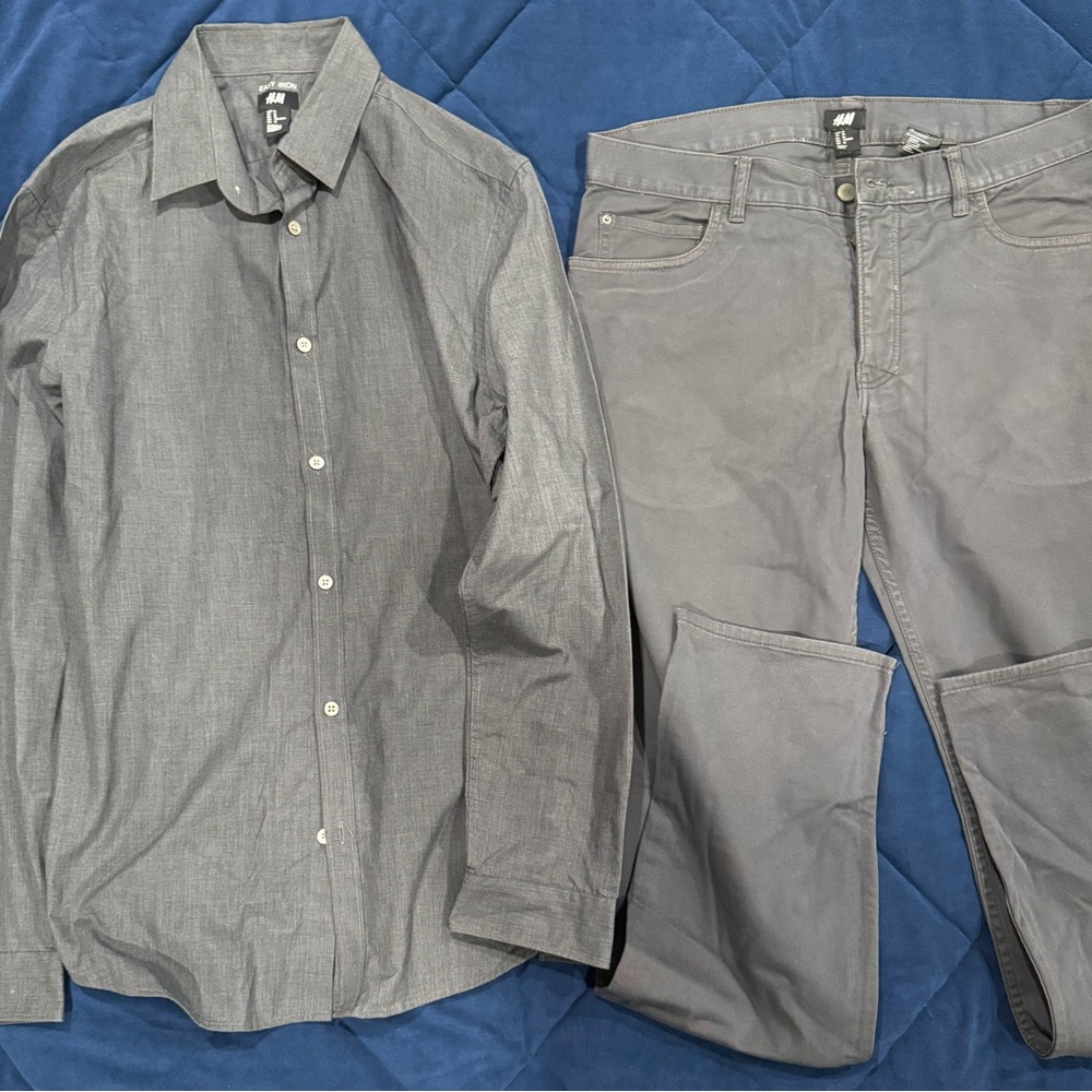 Gray Button-Up Shirt and Pants Set
